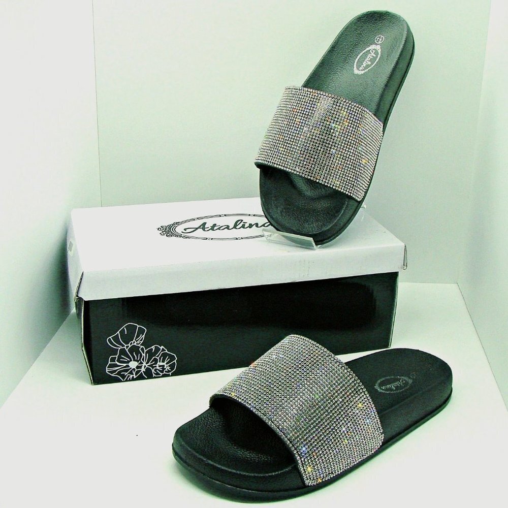Atalina Women's Slides Rhinestone Glitter Slip Ons - Picture 2 of 11